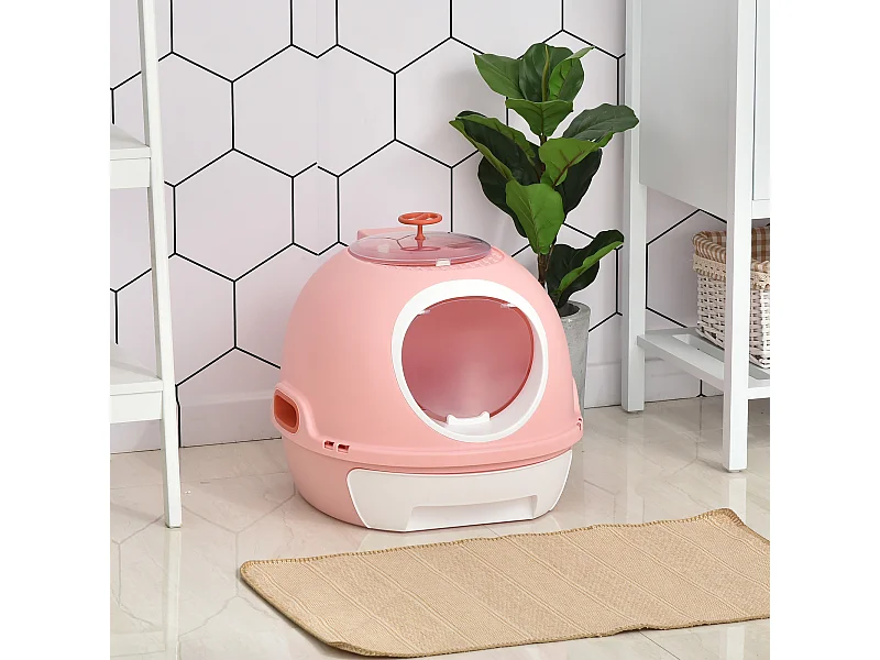 Maison de toilette portable pour chat tiroir à litière coulissant porte battante lucarne + pelle fournis dim. 47L x 55l x 44H cm rose