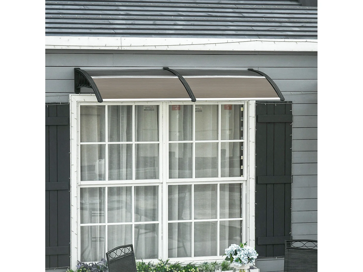 Auvent de protection extérieur – 200 x 96 cm – Noir et marron – Polycarbonate, aluminium et PP