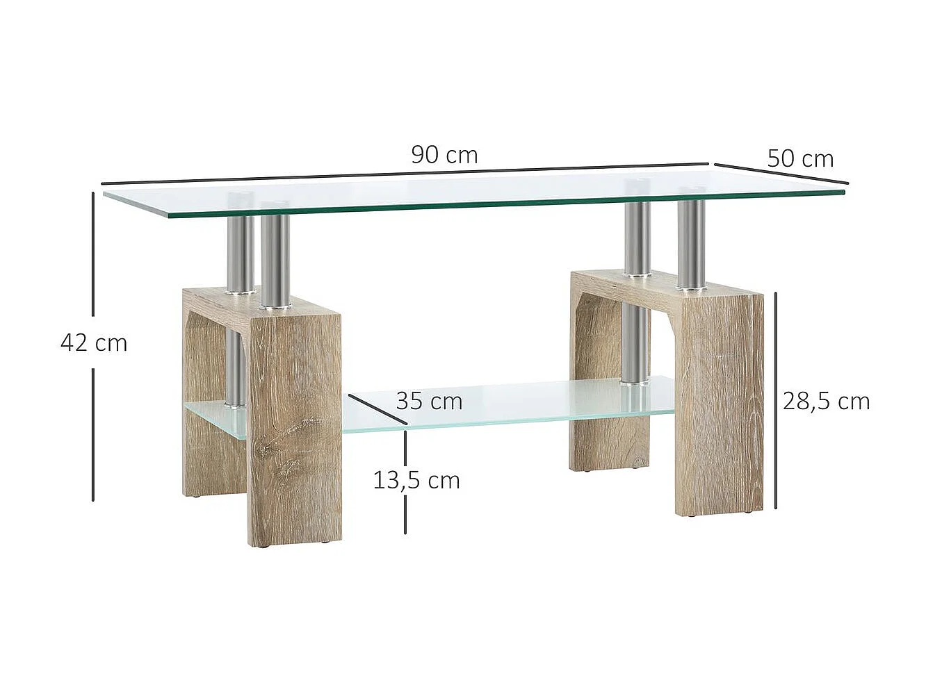 Mesa de centro transparente y natural 90x50x42 cm HOMCOM