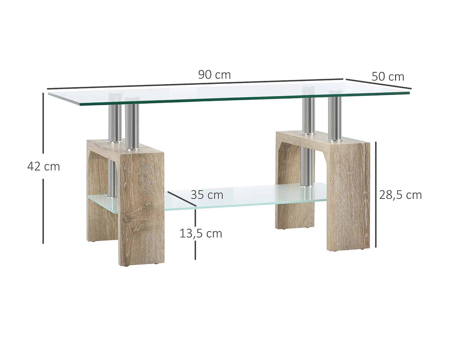 Mesa de centro transparente y natural 90x50x42 cm HOMCOM