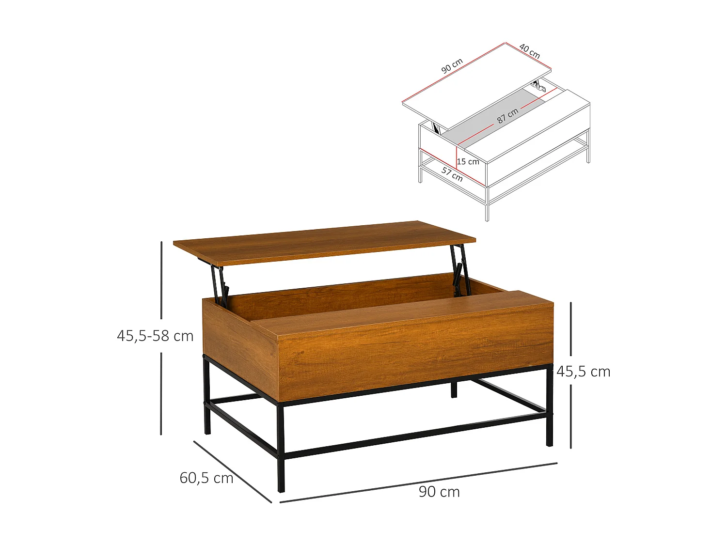Mesa de centro elevable madera natural 90x60,5x45,5cm HOMCOM