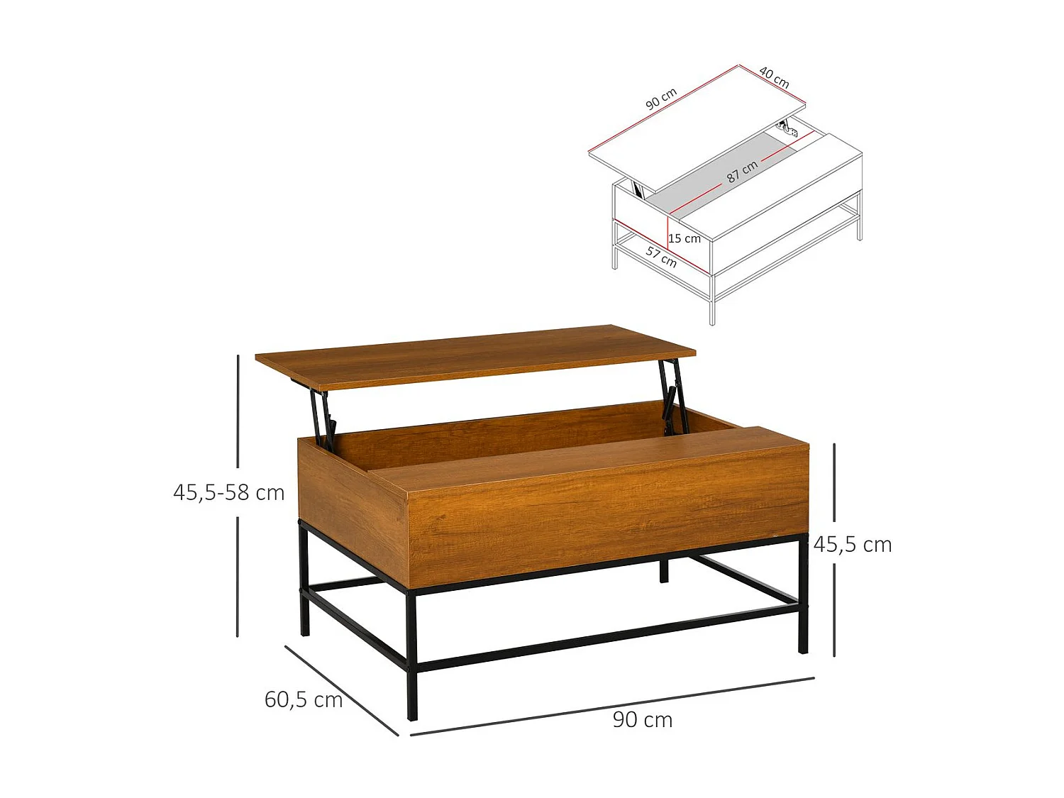 Mesa de centro elevable madera natural 90x60,5x45,5cm HOMCOM