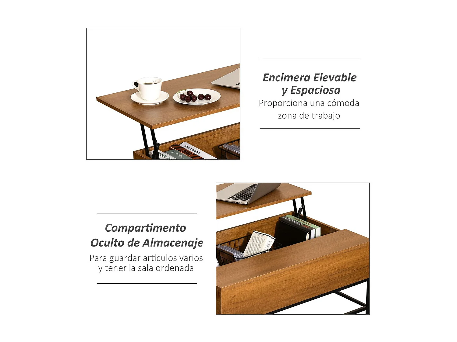 Mesa de centro elevable madera natural 90x60,5x45,5cm HOMCOM