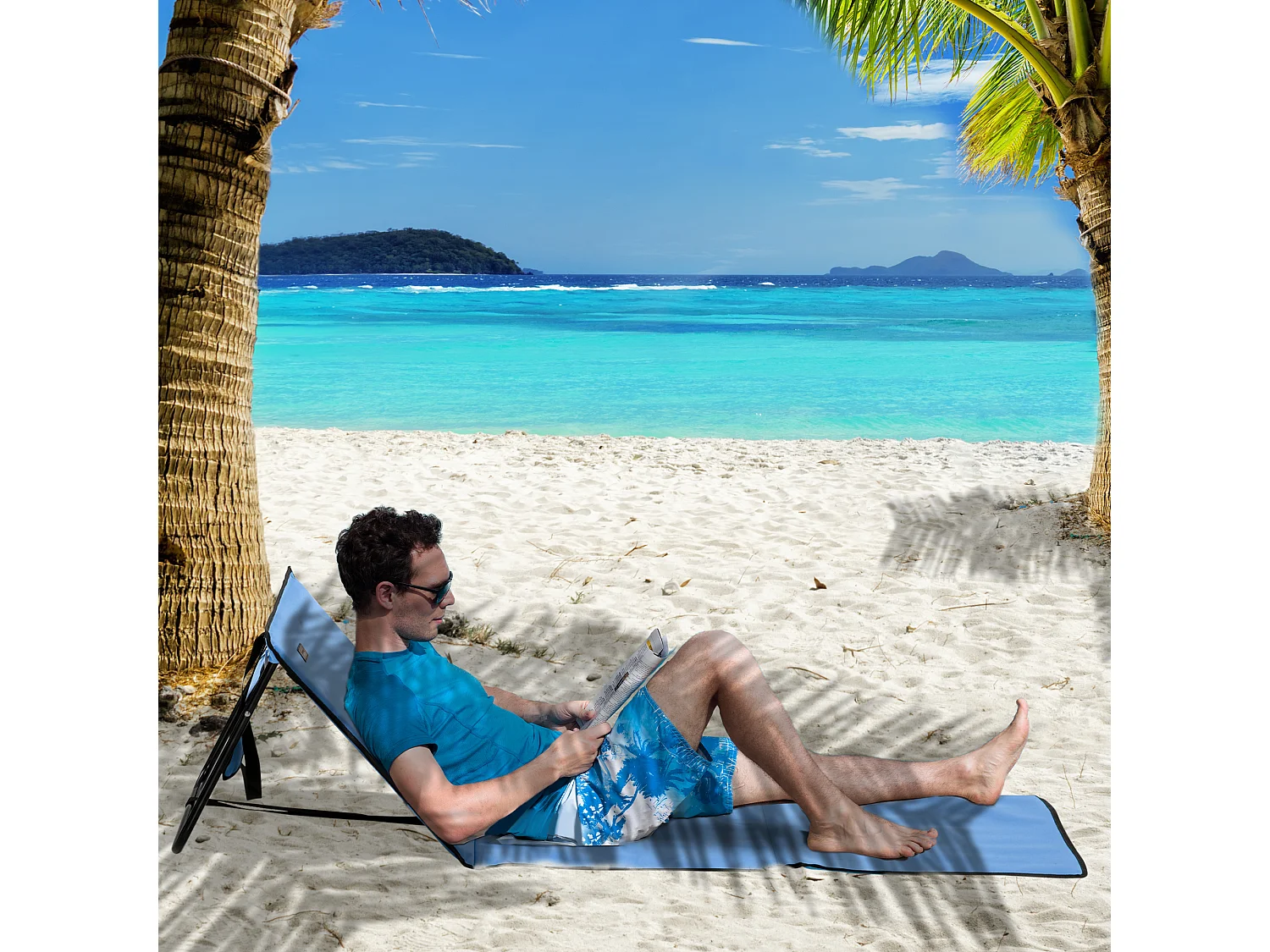 Lot de 2 tapis de plage rembourrés pliables - matelas de plage - dossier inclinable, rangement - métal polyester bleu