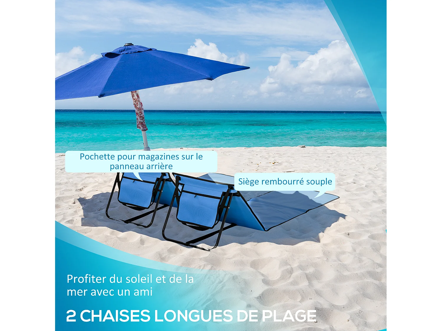 Lot de 2 tapis de plage rembourrés pliables - matelas de plage - dossier inclinable, rangement - métal polyester bleu