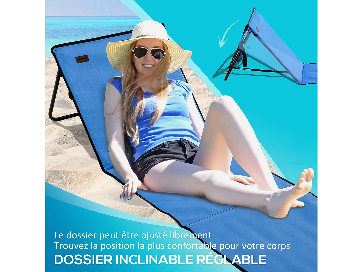 Lot de 2 tapis de plage rembourrés pliables - matelas de plage - dossier inclinable, rangement - métal polyester bleu