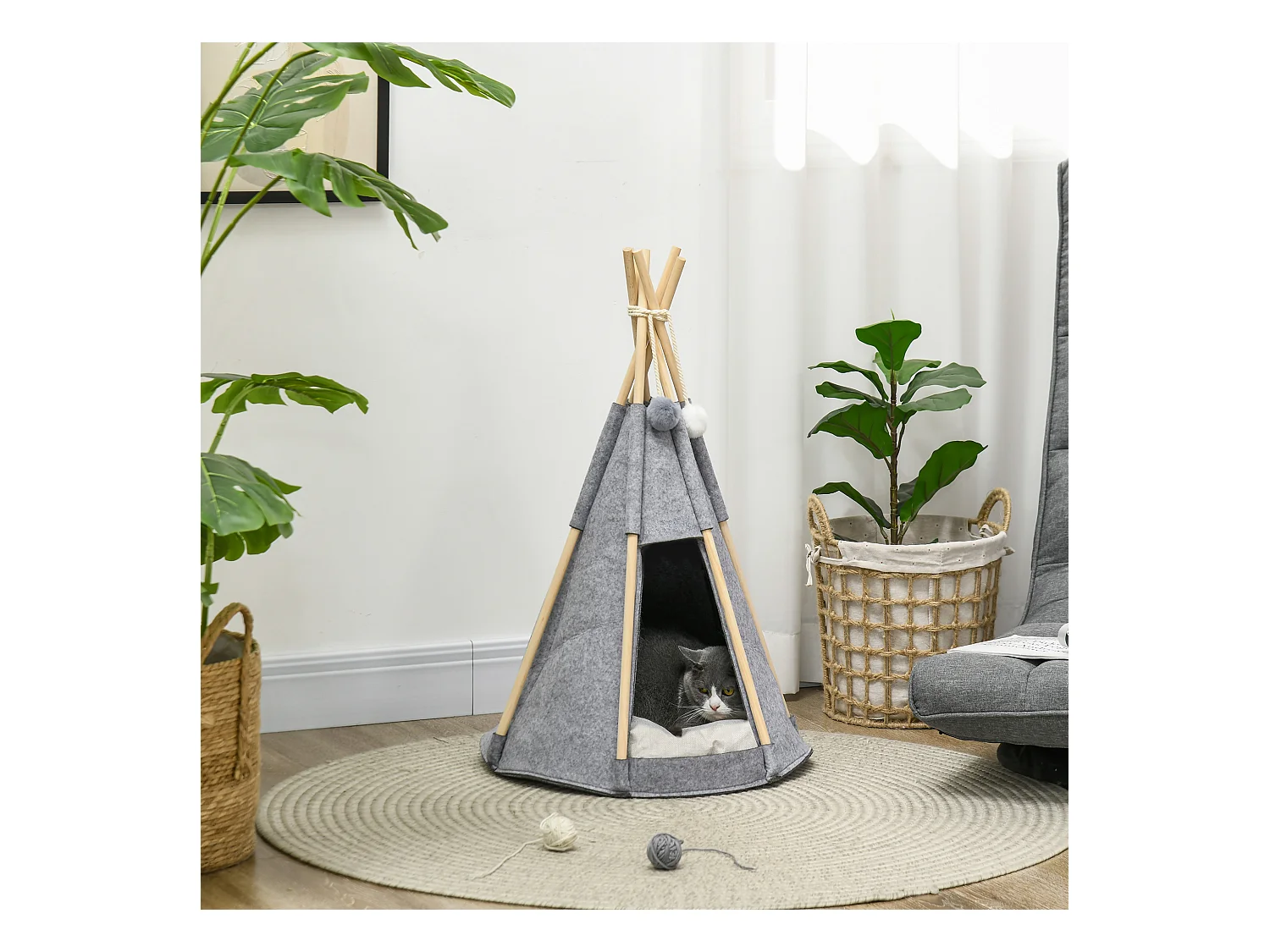 Tente tipi pour animaux - teepee chien chat - coussin épais grand confort inclus - structure bois de pin feutre polyester gris