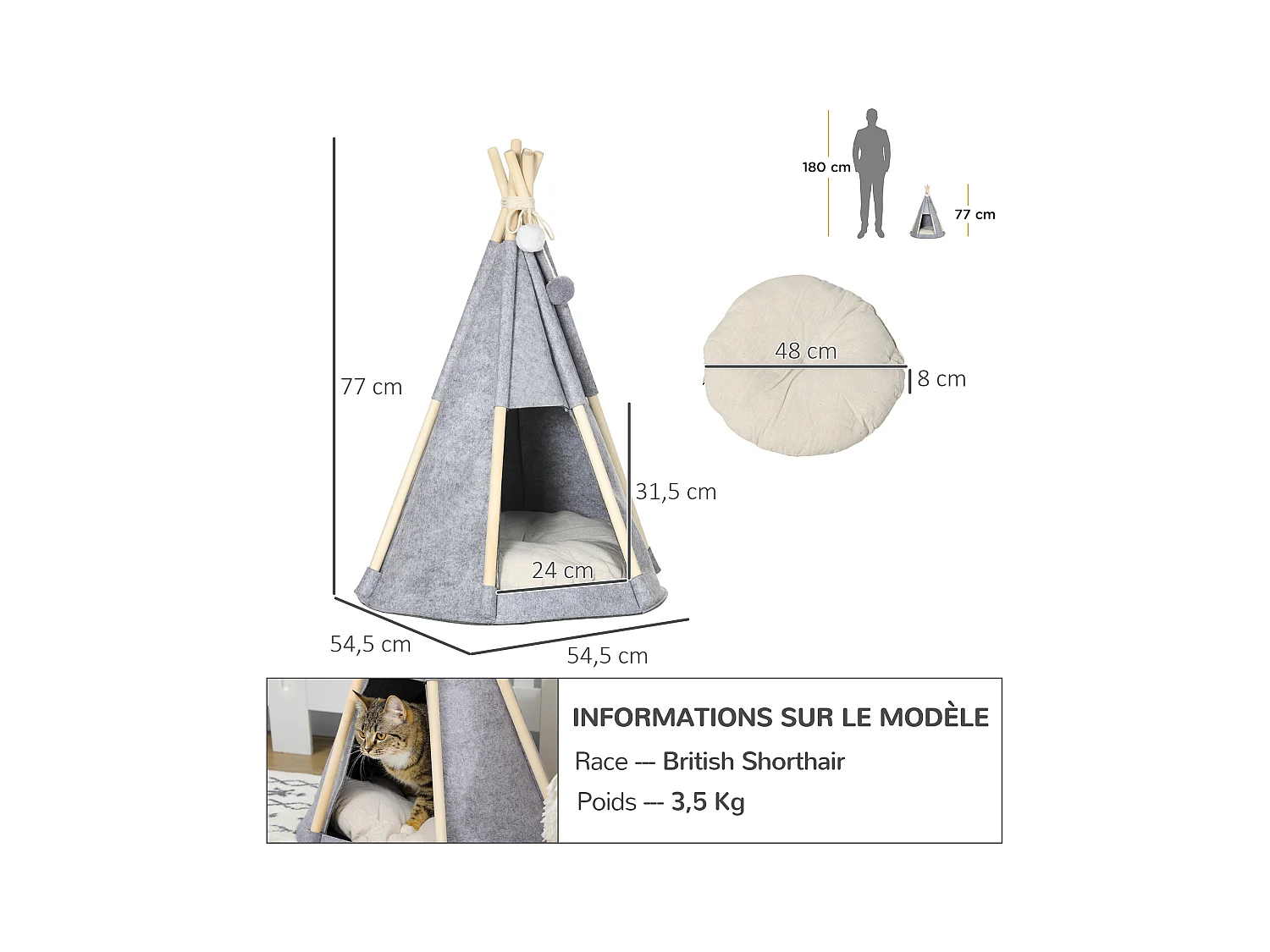 Tente tipi pour animaux - teepee chien chat - coussin épais grand confort inclus - structure bois de pin feutre polyester gris