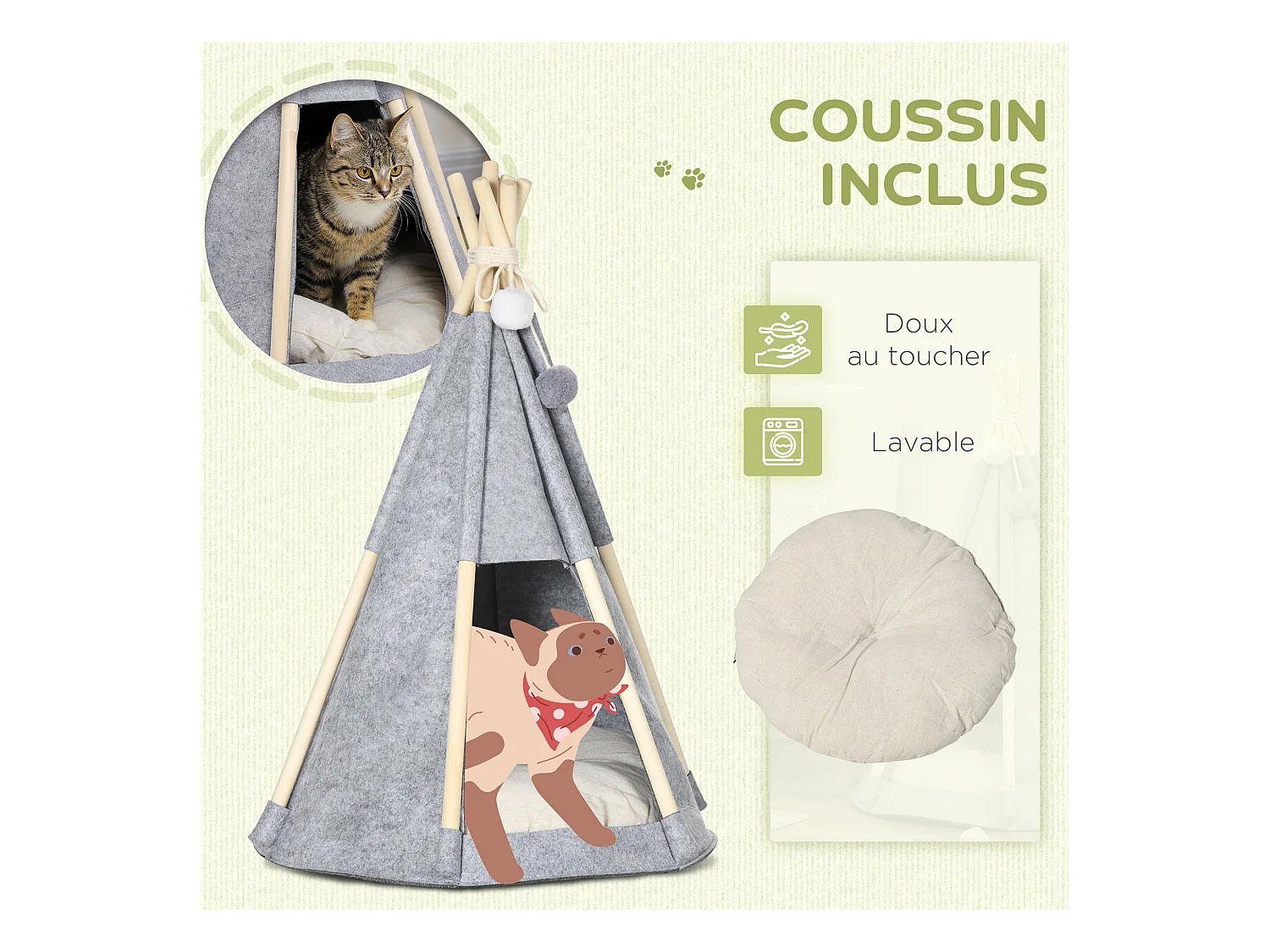 Tente tipi pour animaux - teepee chien chat - coussin épais grand confort inclus - structure bois de pin feutre polyester gris