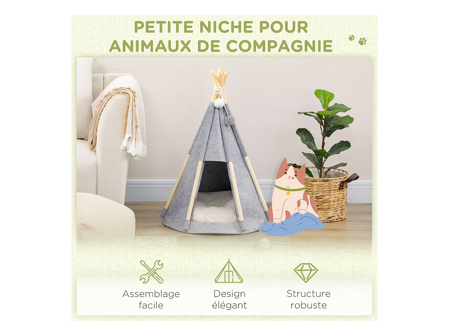 Tente tipi pour animaux - teepee chien chat - coussin épais grand confort inclus - structure bois de pin feutre polyester gris