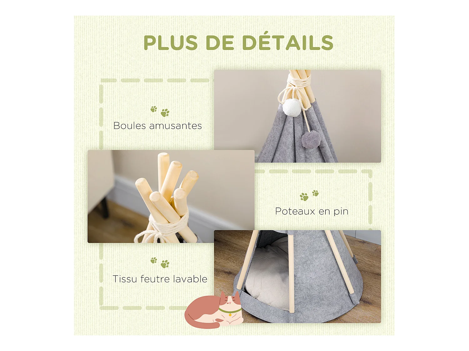 Tente tipi pour animaux - teepee chien chat - coussin épais grand confort inclus - structure bois de pin feutre polyester gris