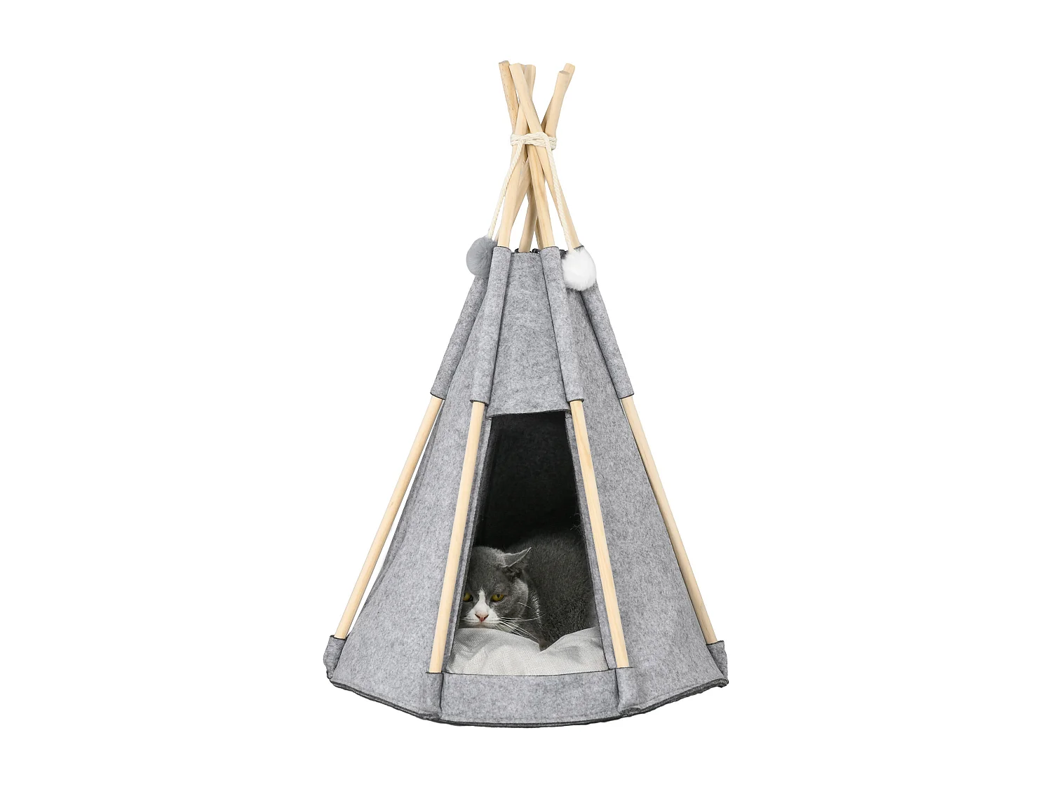 Tente tipi pour animaux - teepee chien chat - coussin épais grand confort inclus - structure bois de pin feutre polyester gris