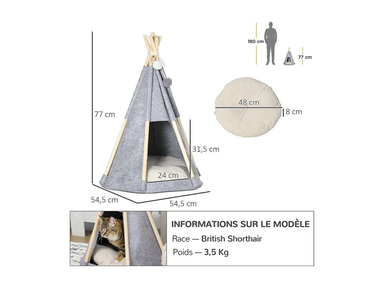 Tente tipi pour animaux - teepee chien chat - coussin épais grand confort inclus - structure bois de pin feutre polyester gris