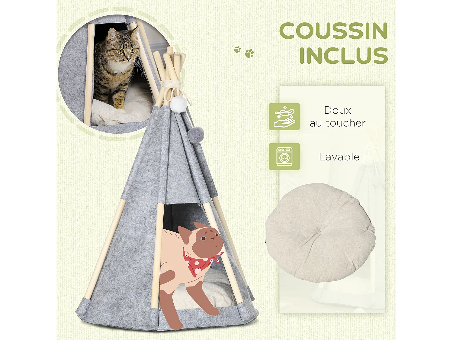 Tente tipi pour animaux - teepee chien chat - coussin épais grand confort inclus - structure bois de pin feutre polyester gris