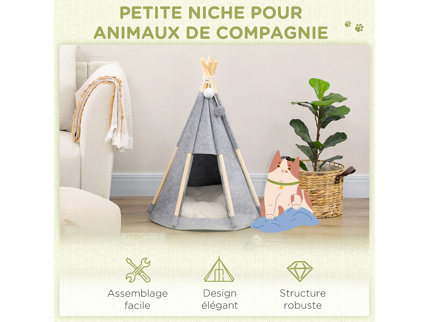 Tente tipi pour animaux - teepee chien chat - coussin épais grand confort inclus - structure bois de pin feutre polyester gris