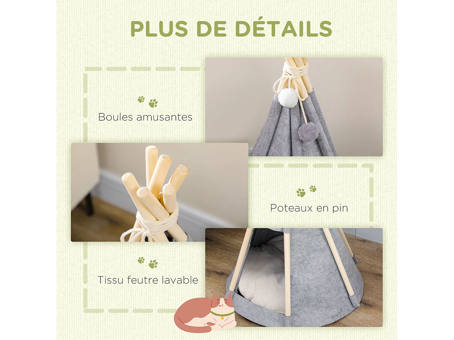Tente tipi pour animaux - teepee chien chat - coussin épais grand confort inclus - structure bois de pin feutre polyester gris