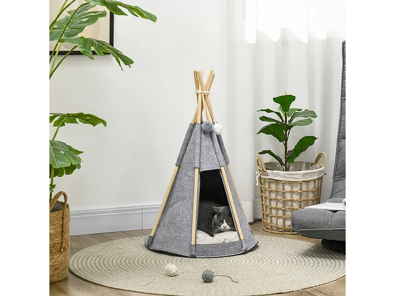 Tente tipi pour animaux - teepee chien chat - coussin épais grand confort inclus - structure bois de pin feutre polyester gris