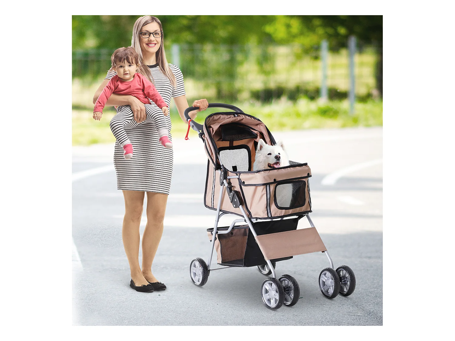 Poussette buggy pliable pour chiens tissu 600D Oxford imperméable 4 roues marron