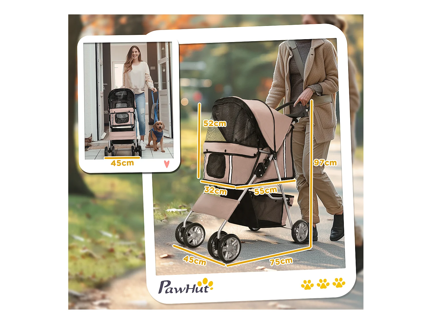 Poussette buggy pliable pour chiens tissu 600D Oxford imperméable 4 roues marron