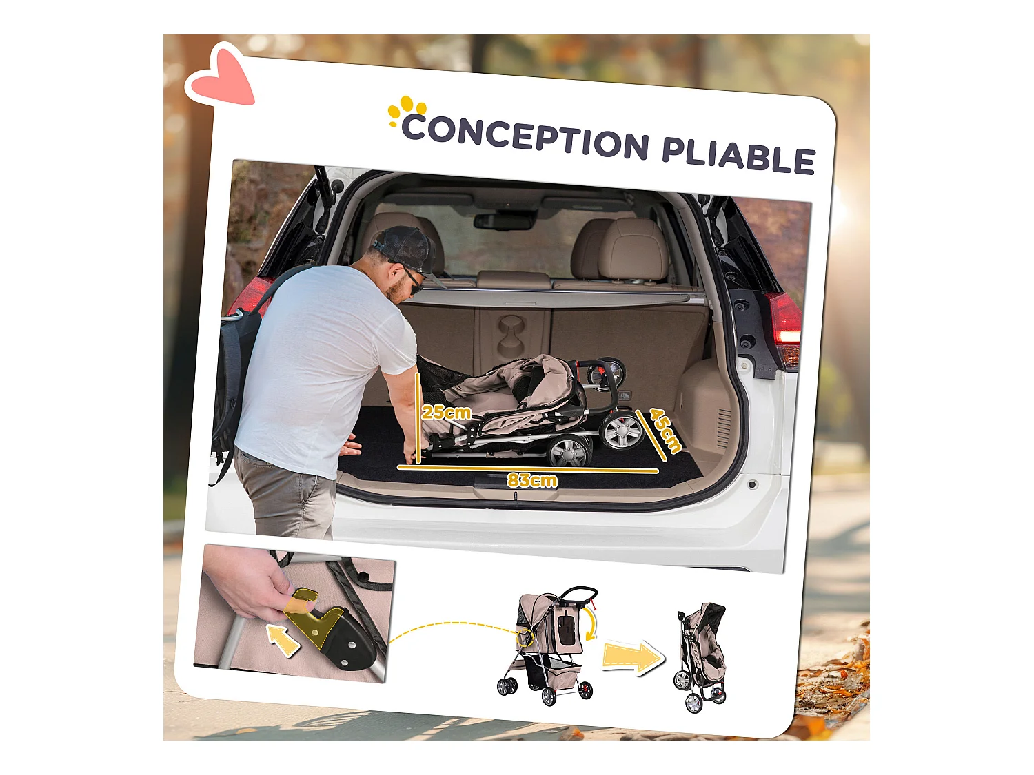 Poussette buggy pliable pour chiens tissu 600D Oxford imperméable 4 roues marron