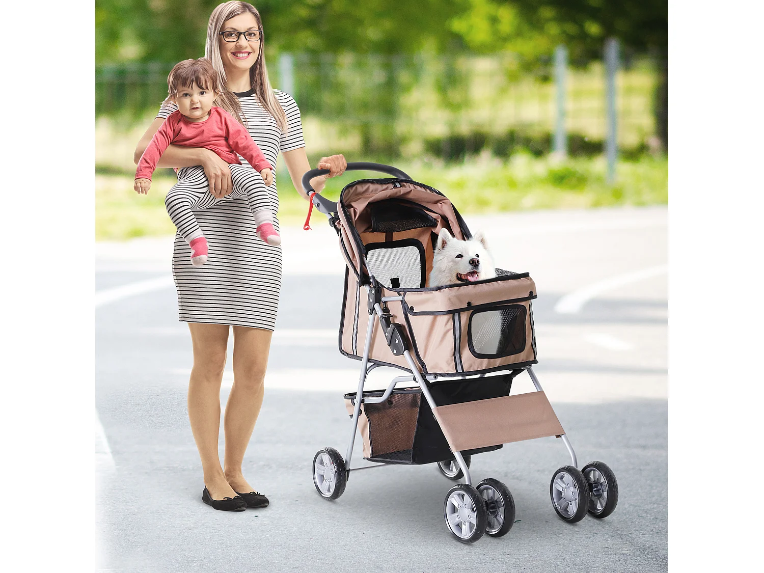 Poussette buggy pliable pour chiens tissu 600D Oxford imperméable 4 roues marron