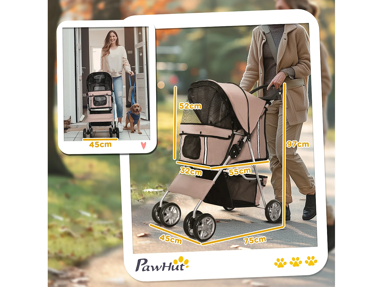 Poussette buggy pliable pour chiens tissu 600D Oxford imperméable 4 roues marron