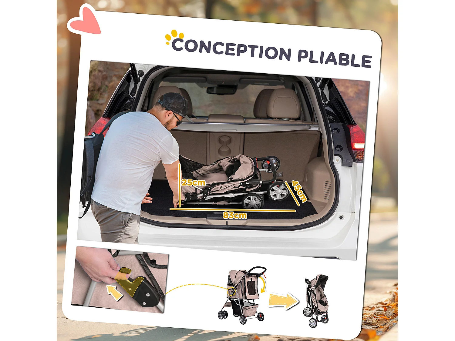 Poussette buggy pliable pour chiens tissu 600D Oxford imperméable 4 roues marron