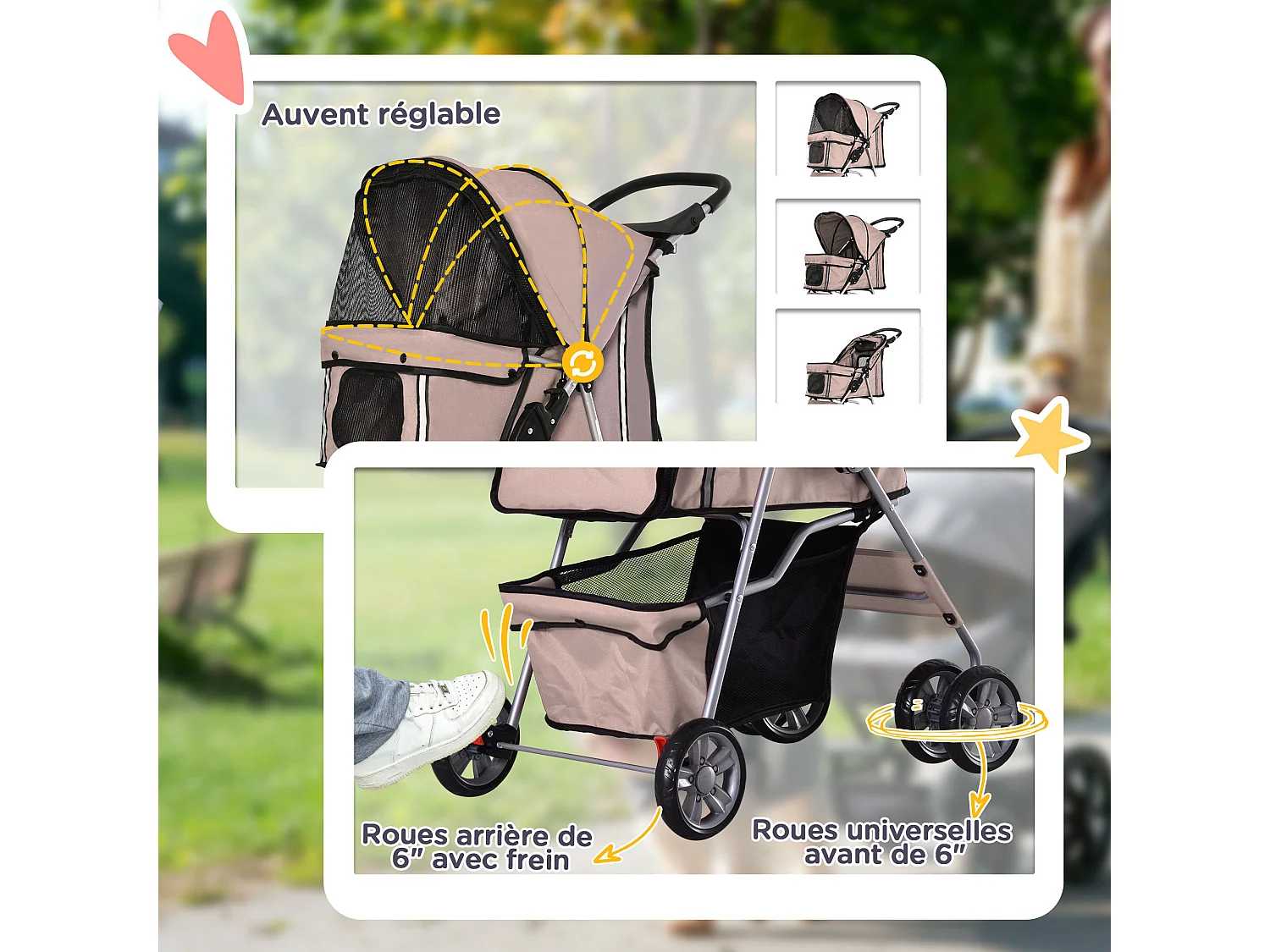 Poussette buggy pliable pour chiens tissu 600D Oxford imperméable 4 roues marron