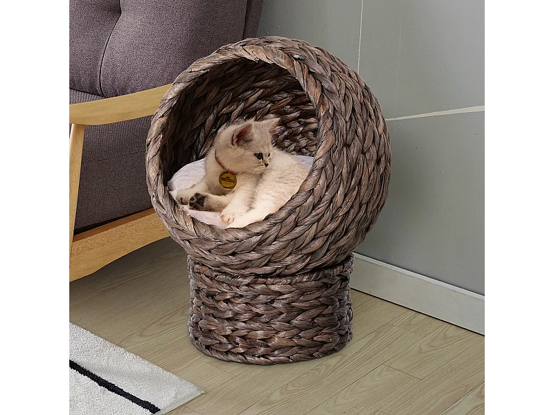 PawHut Panier chat lit chat cosy grand confort dim. 42L x 33l x 52H cm coloris gris coussin moelleux beige inclus