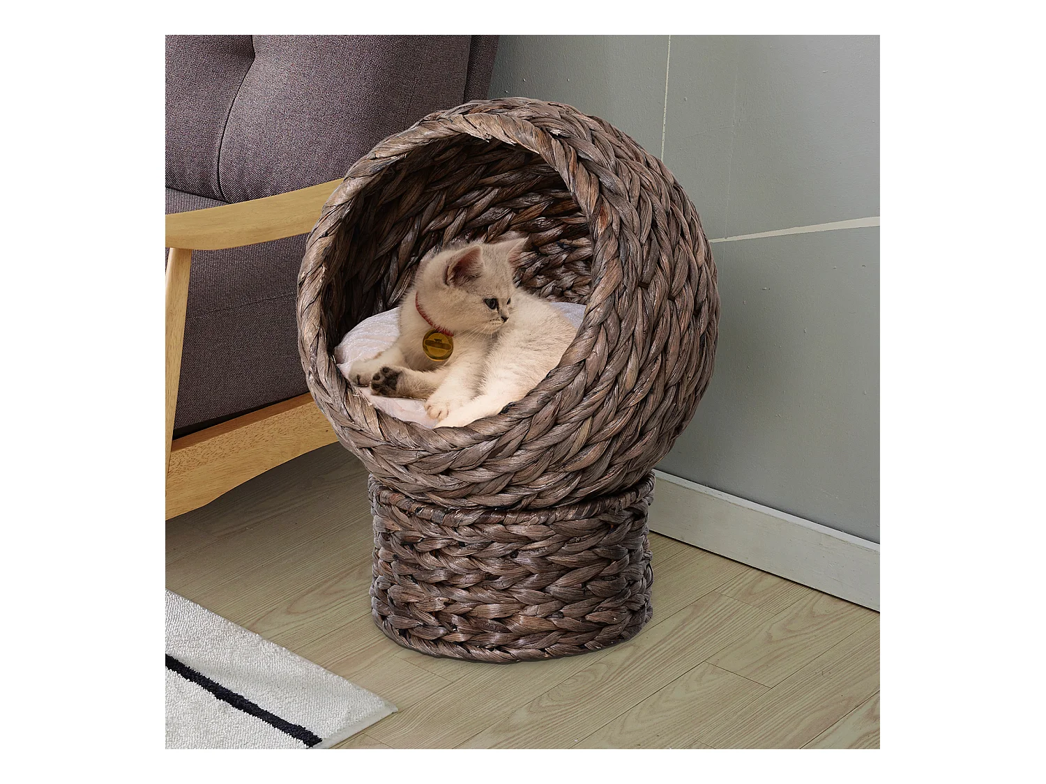 PawHut Panier chat lit chat cosy grand confort dim. 42L x 33l x 52H cm coloris gris coussin moelleux beige inclus