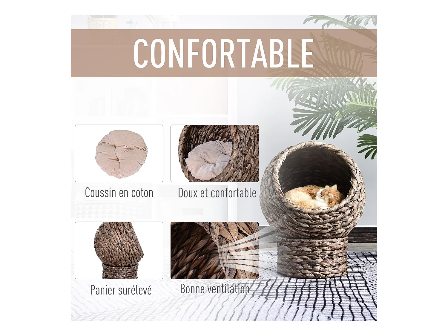 PawHut Panier chat lit chat cosy grand confort dim. 42L x 33l x 52H cm coloris gris coussin moelleux beige inclus