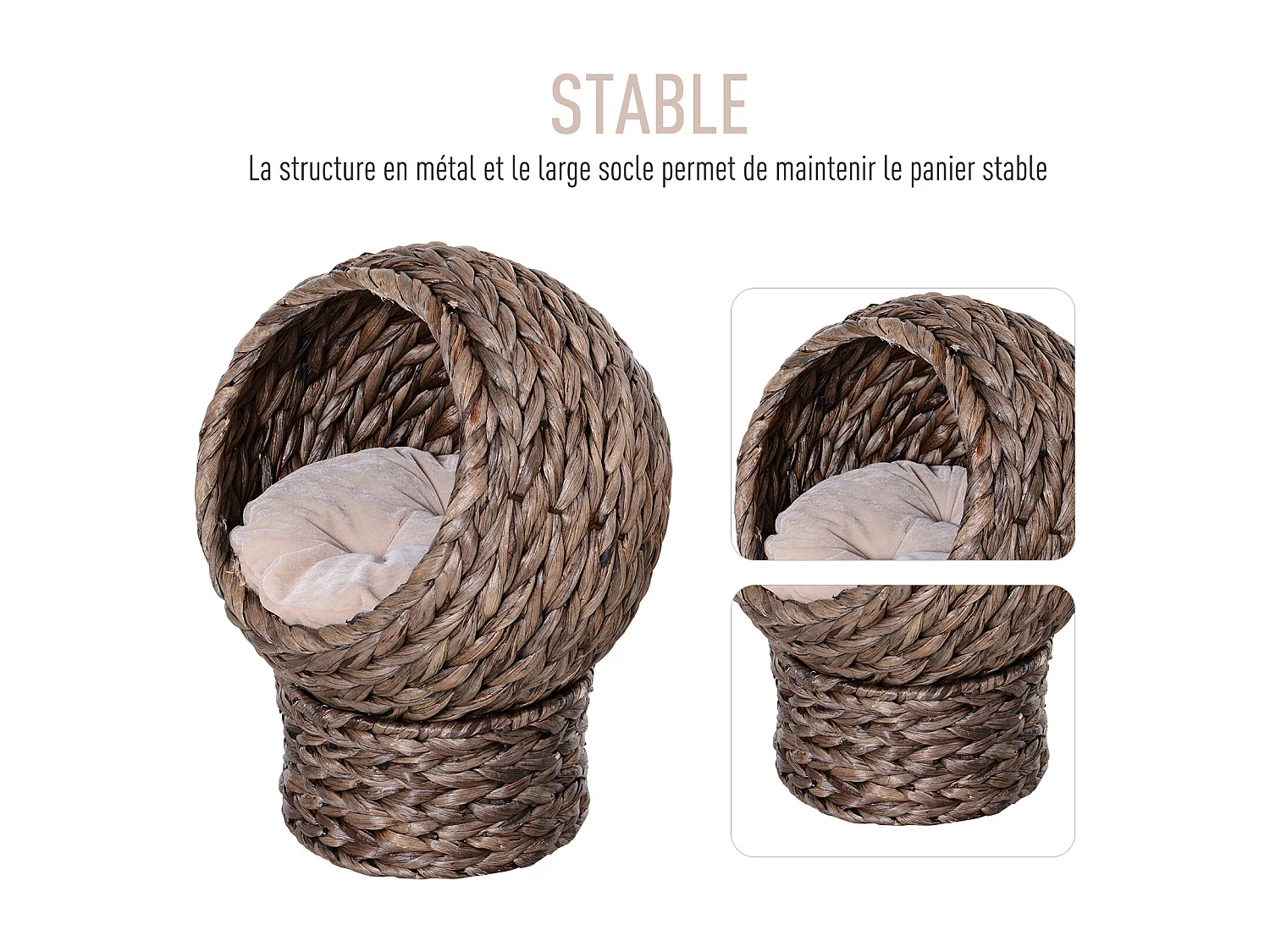 PawHut Panier chat lit chat cosy grand confort dim. 42L x 33l x 52H cm coloris gris coussin moelleux beige inclus