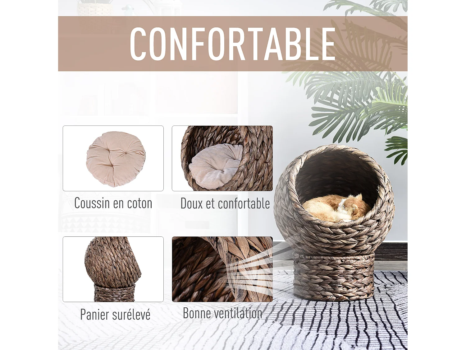 PawHut Panier chat lit chat cosy grand confort dim. 42L x 33l x 52H cm coloris gris coussin moelleux beige inclus