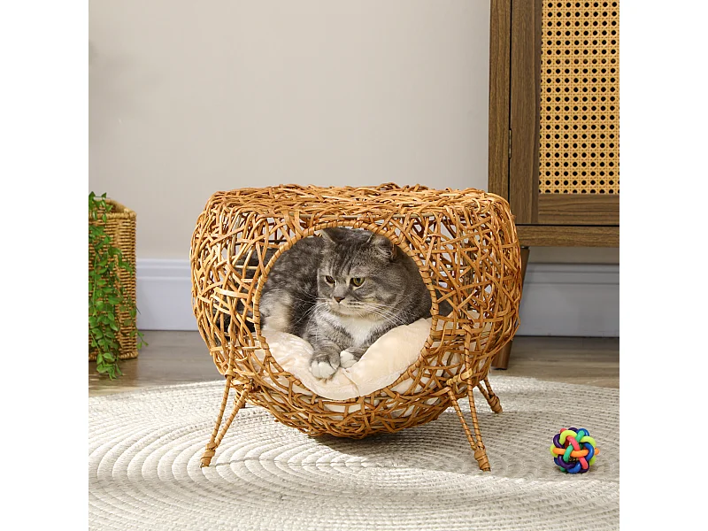 Panier chat lit chat cosy grand confort dim. Ø 40 x 32H cm coussin moelleux inclus polyester beige rotin