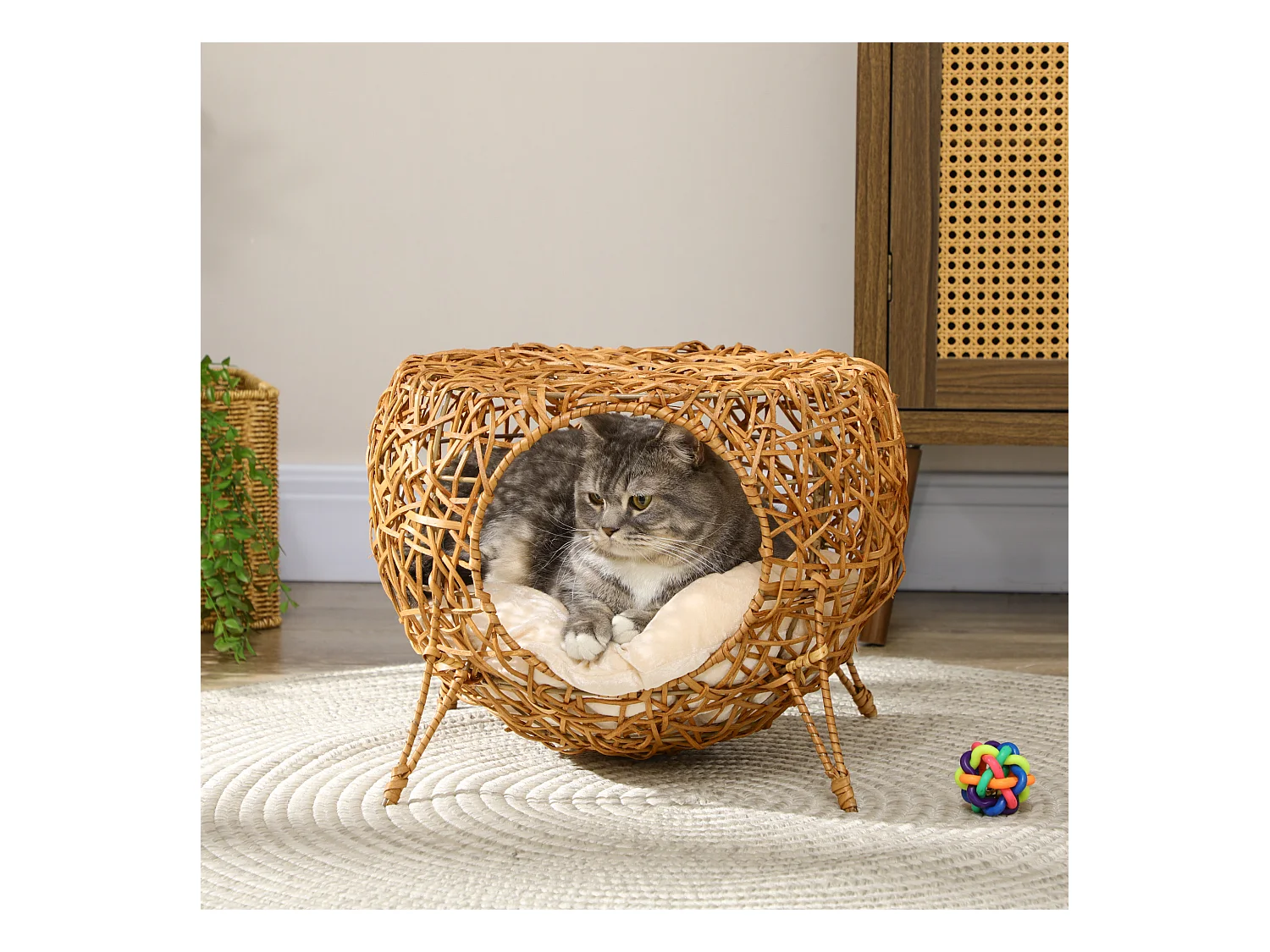 Panier chat lit chat cosy grand confort dim. Ø 40 x 32H cm coussin moelleux inclus polyester beige rotin