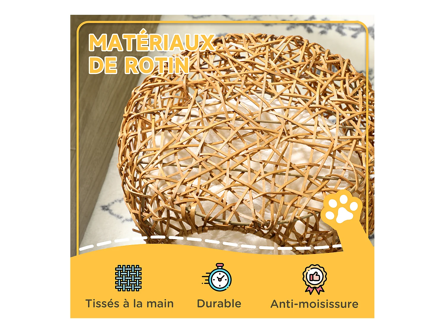 Panier chat lit chat cosy grand confort dim. Ø 40 x 32H cm coussin moelleux inclus polyester beige rotin