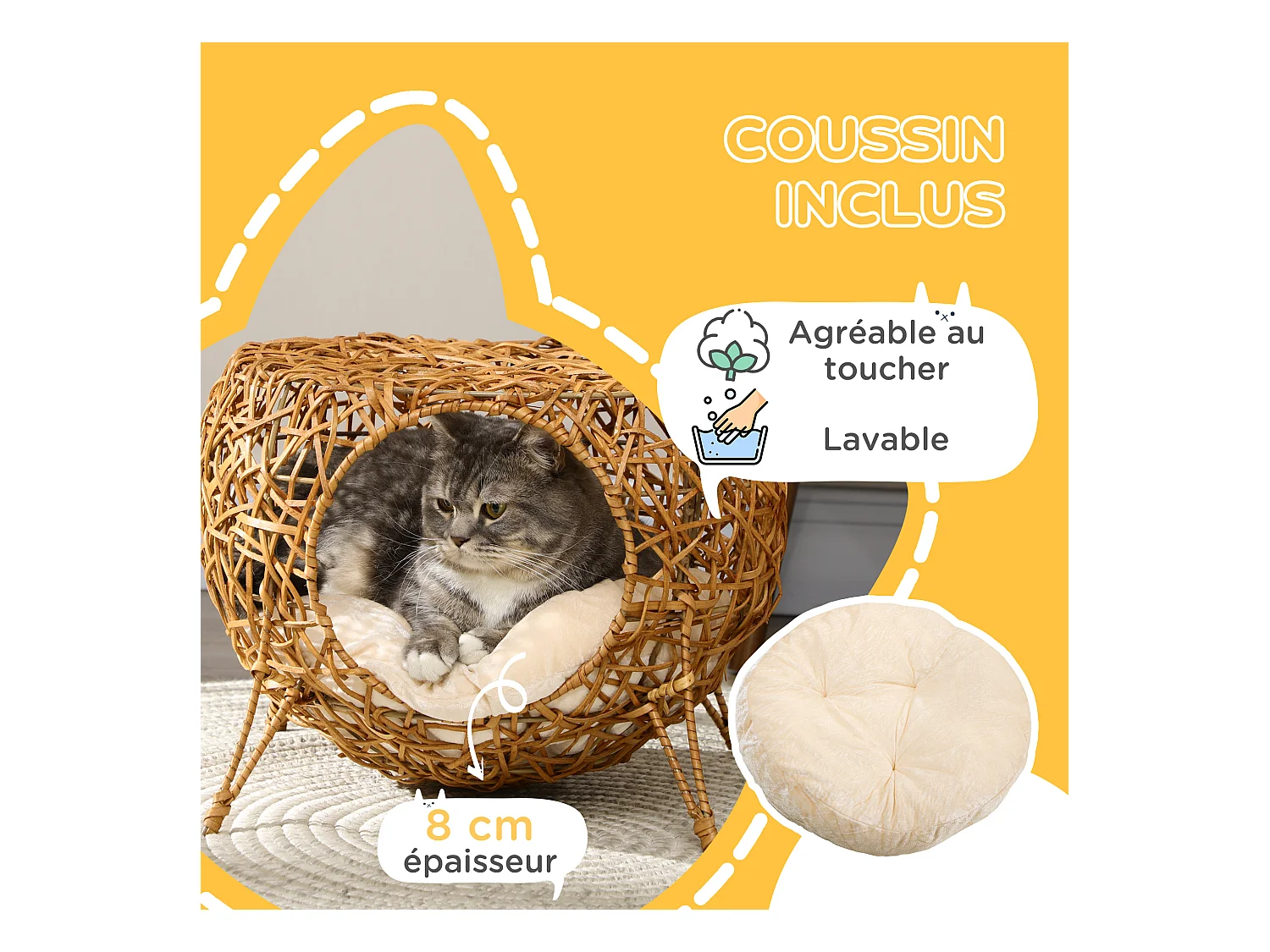 Panier chat lit chat cosy grand confort dim. Ø 40 x 32H cm coussin moelleux inclus polyester beige rotin