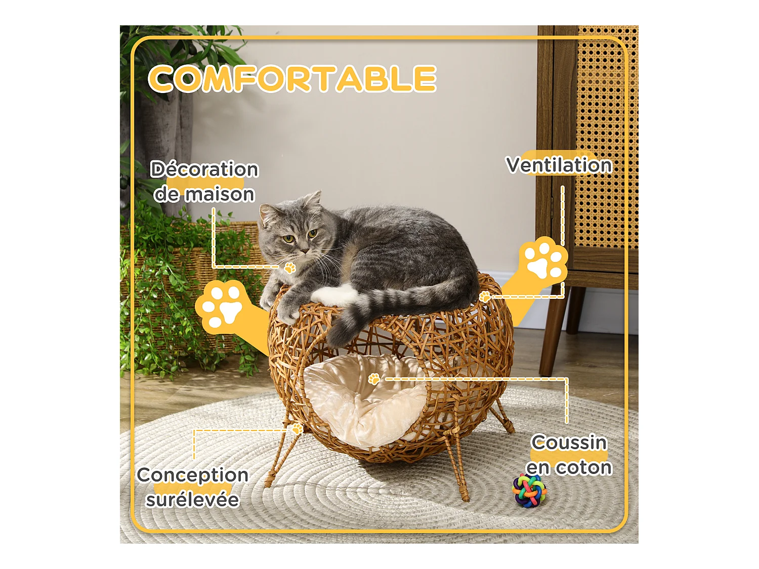 Panier chat lit chat cosy grand confort dim. Ø 40 x 32H cm coussin moelleux inclus polyester beige rotin