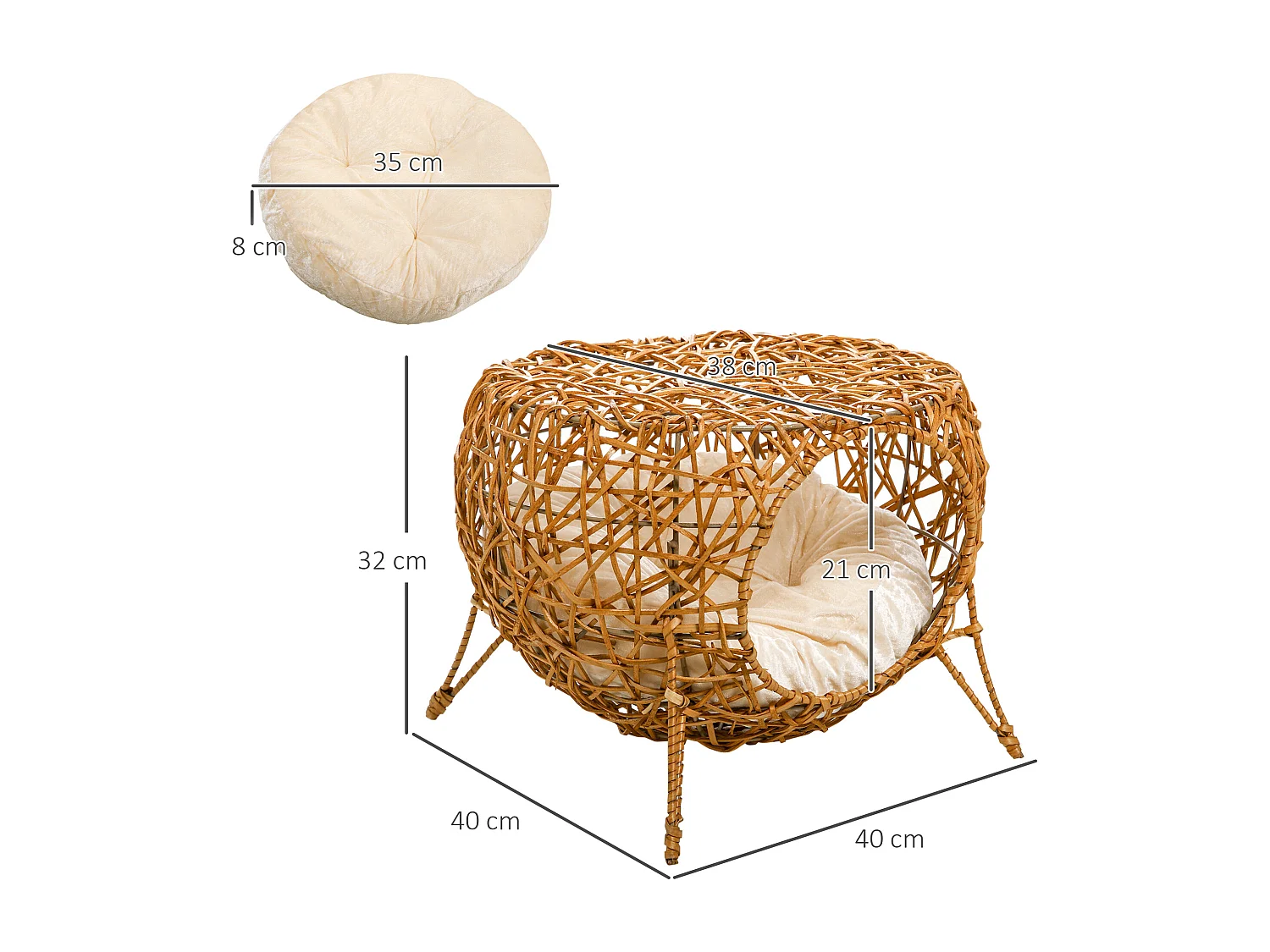 Panier chat lit chat cosy grand confort dim. Ø 40 x 32H cm coussin moelleux inclus polyester beige rotin