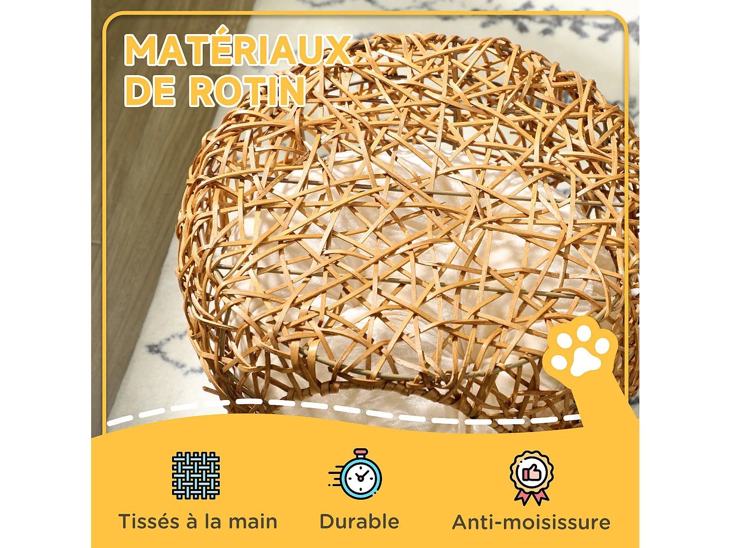 Panier chat lit chat cosy grand confort dim. Ø 40 x 32H cm coussin moelleux inclus polyester beige rotin