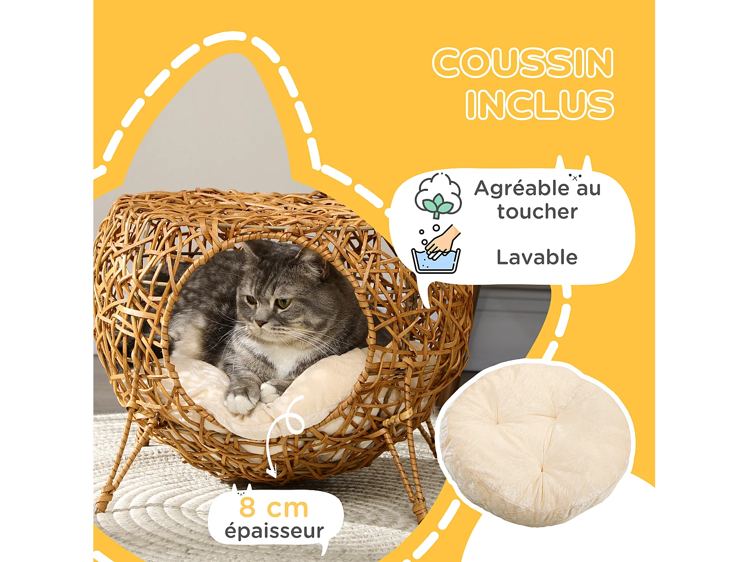 Panier chat lit chat cosy grand confort dim. Ø 40 x 32H cm coussin moelleux inclus polyester beige rotin