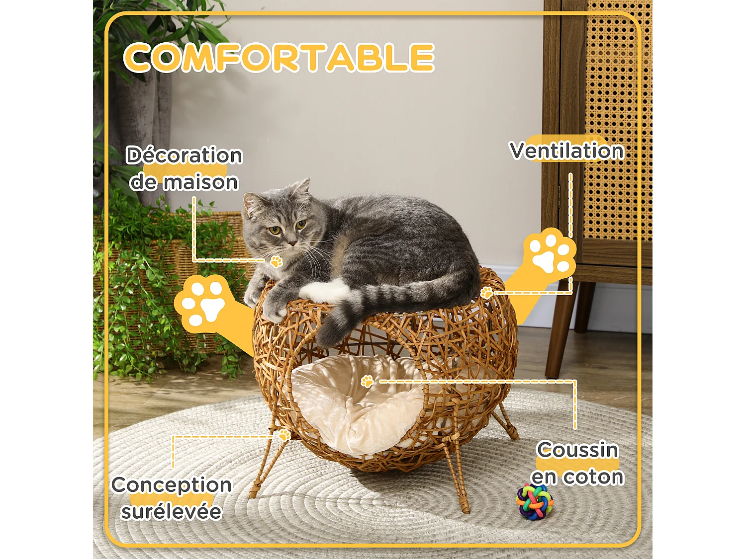 Panier chat lit chat cosy grand confort dim. Ø 40 x 32H cm coussin moelleux inclus polyester beige rotin