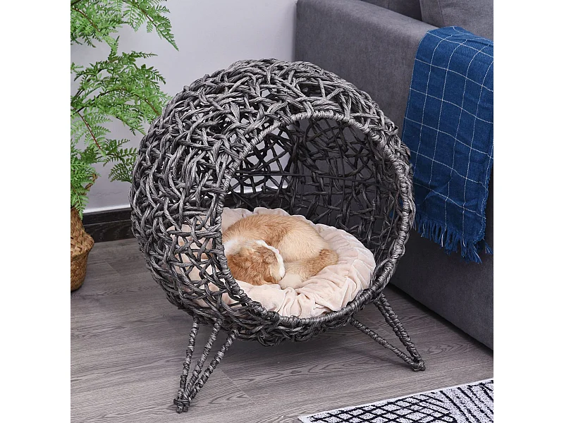 PawHut Panier chat lit chat cosy grand confort dim. Ø 52 x 58H cm coussin moelleux beige inclus résine tressée imitation rotin gris