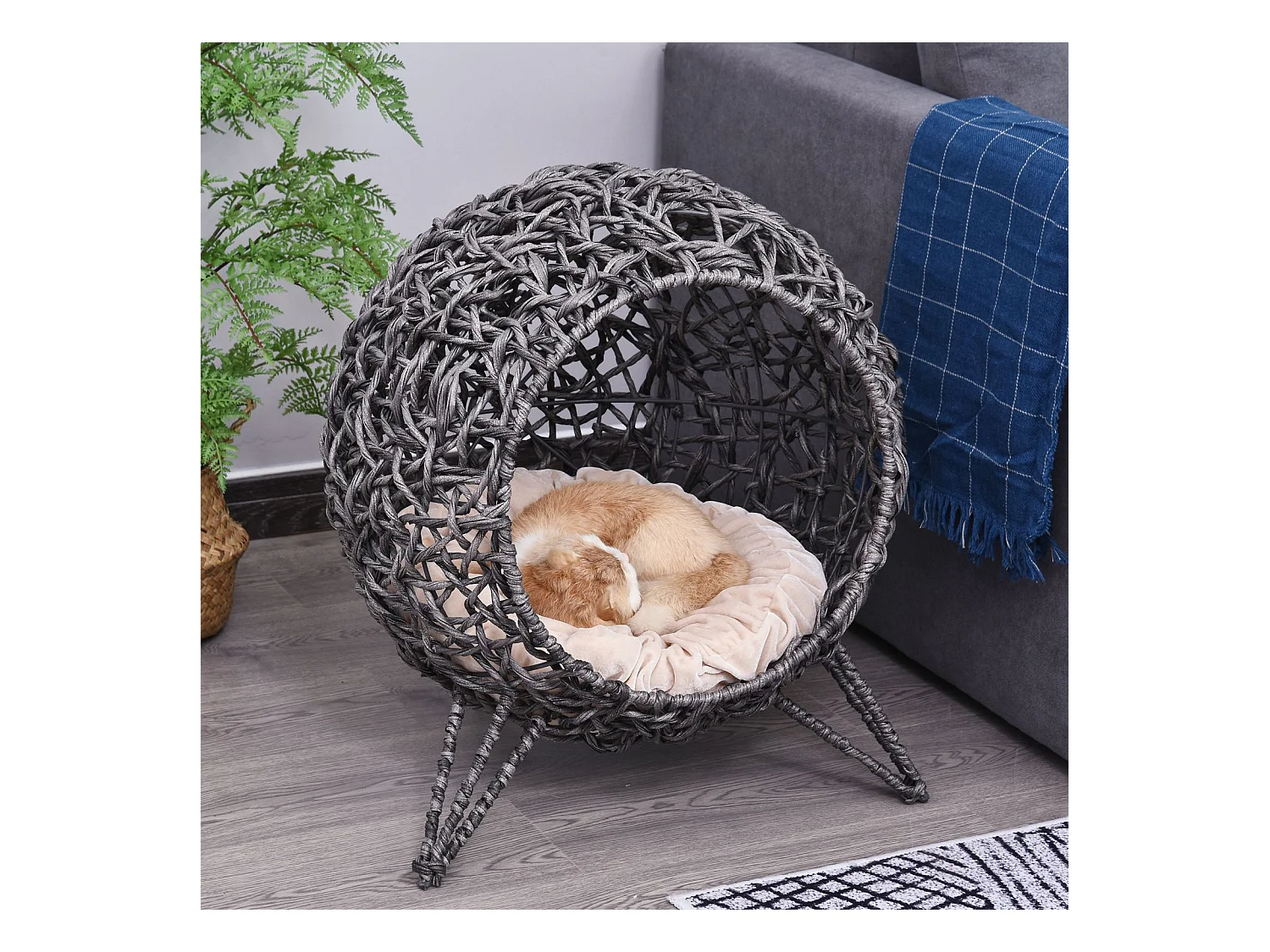 PawHut Panier chat lit chat cosy grand confort dim. Ø 52 x 58H cm coussin moelleux beige inclus résine tressée imitation rotin gris