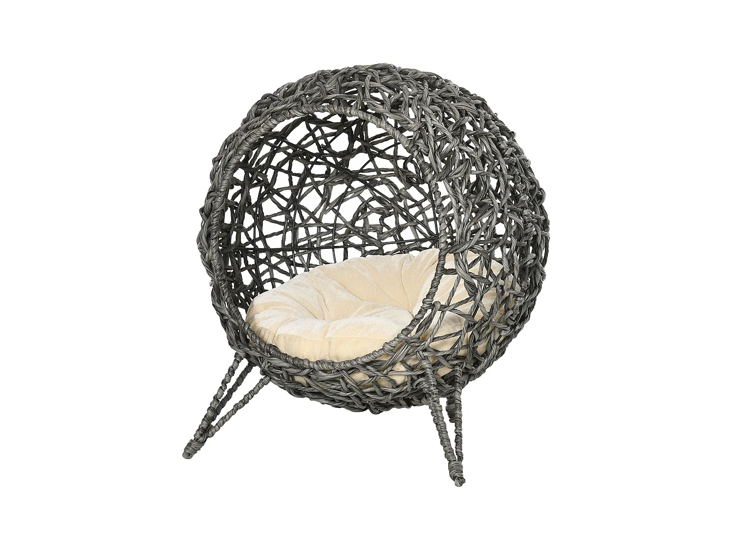 PawHut Panier chat lit chat cosy grand confort dim. Ø 52 x 58H cm coussin moelleux beige inclus résine tressée imitation rotin gris