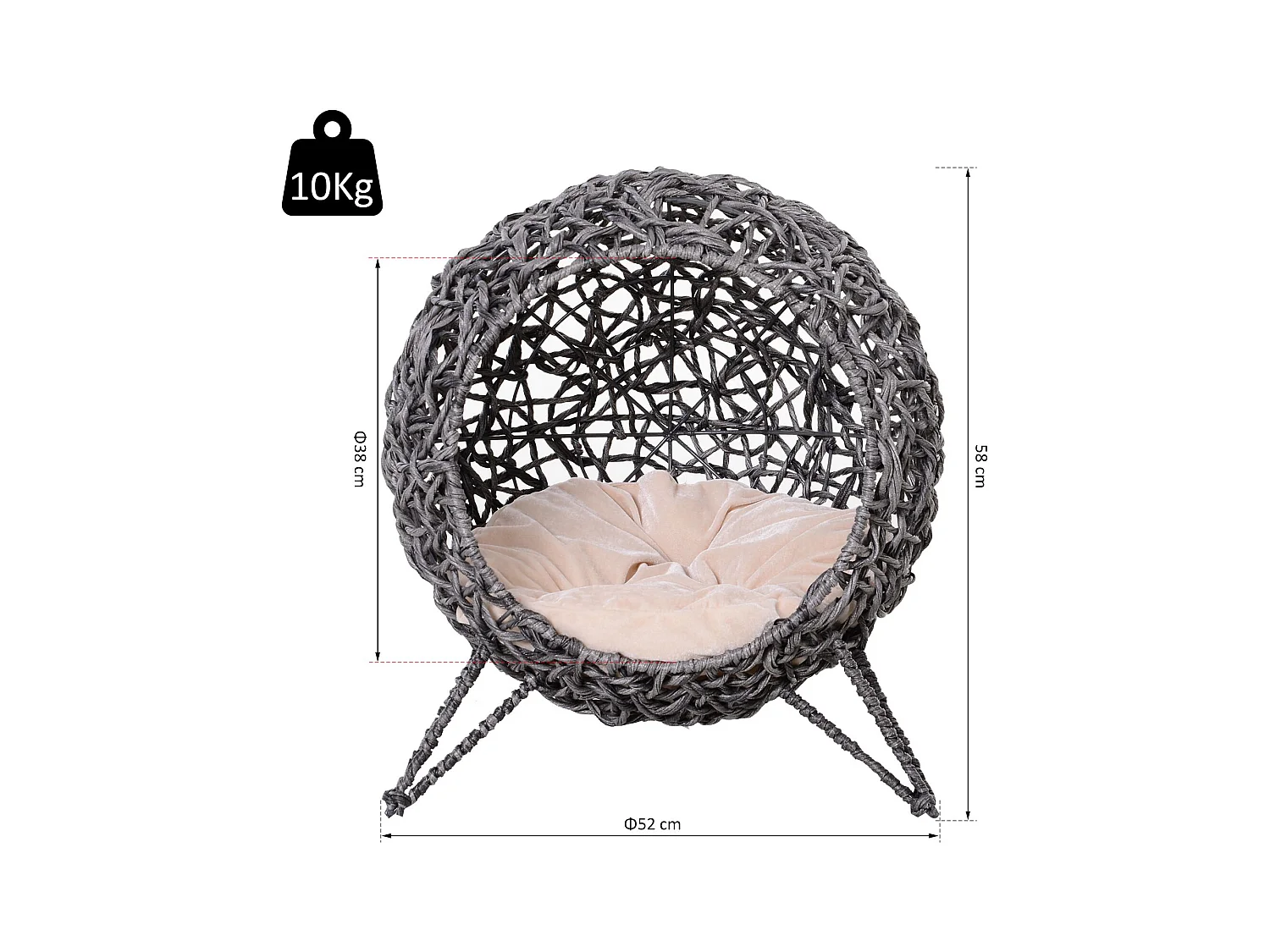 PawHut Panier chat lit chat cosy grand confort dim. Ø 52 x 58H cm coussin moelleux beige inclus résine tressée imitation rotin gris