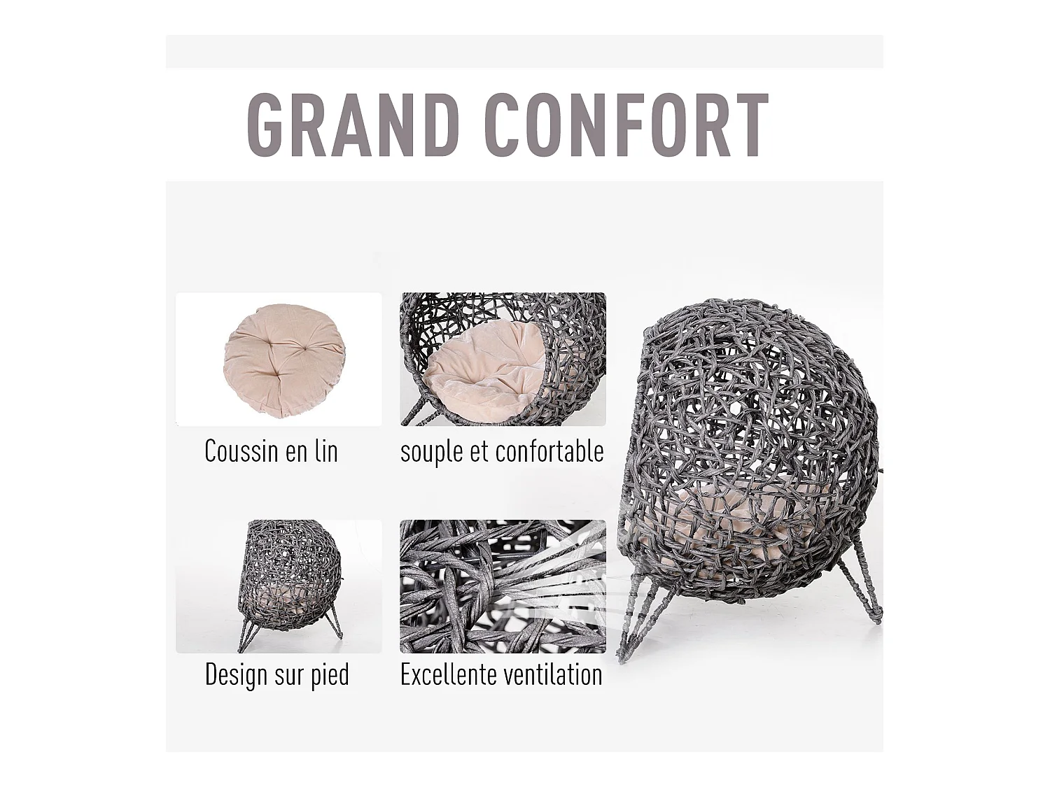 PawHut Panier chat lit chat cosy grand confort dim. Ø 52 x 58H cm coussin moelleux beige inclus résine tressée imitation rotin gris