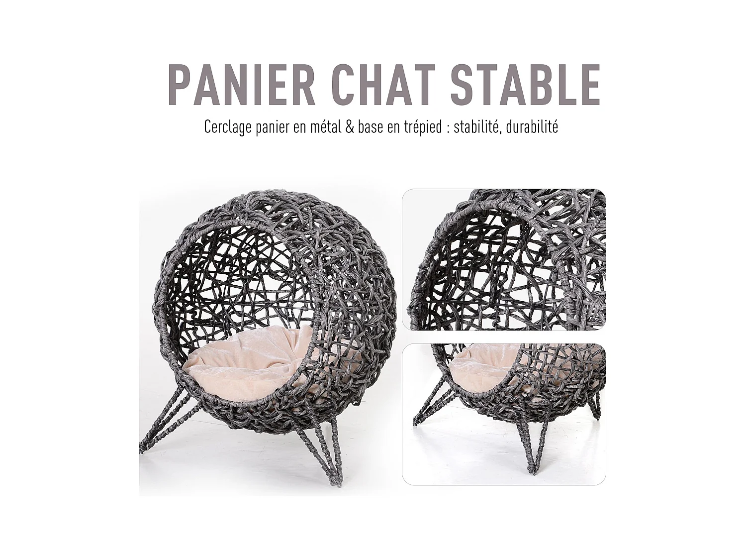 PawHut Panier chat lit chat cosy grand confort dim. Ø 52 x 58H cm coussin moelleux beige inclus résine tressée imitation rotin gris