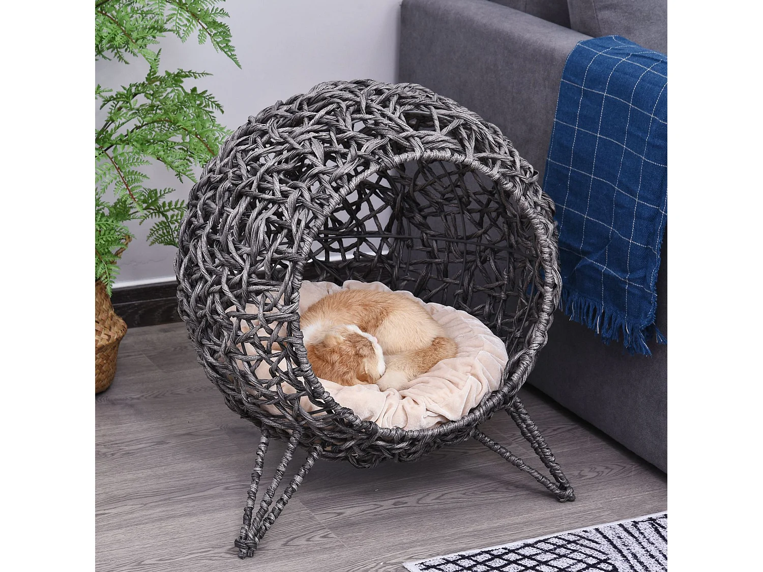 PawHut Panier chat lit chat cosy grand confort dim. Ø 52 x 58H cm coussin moelleux beige inclus résine tressée imitation rotin gris
