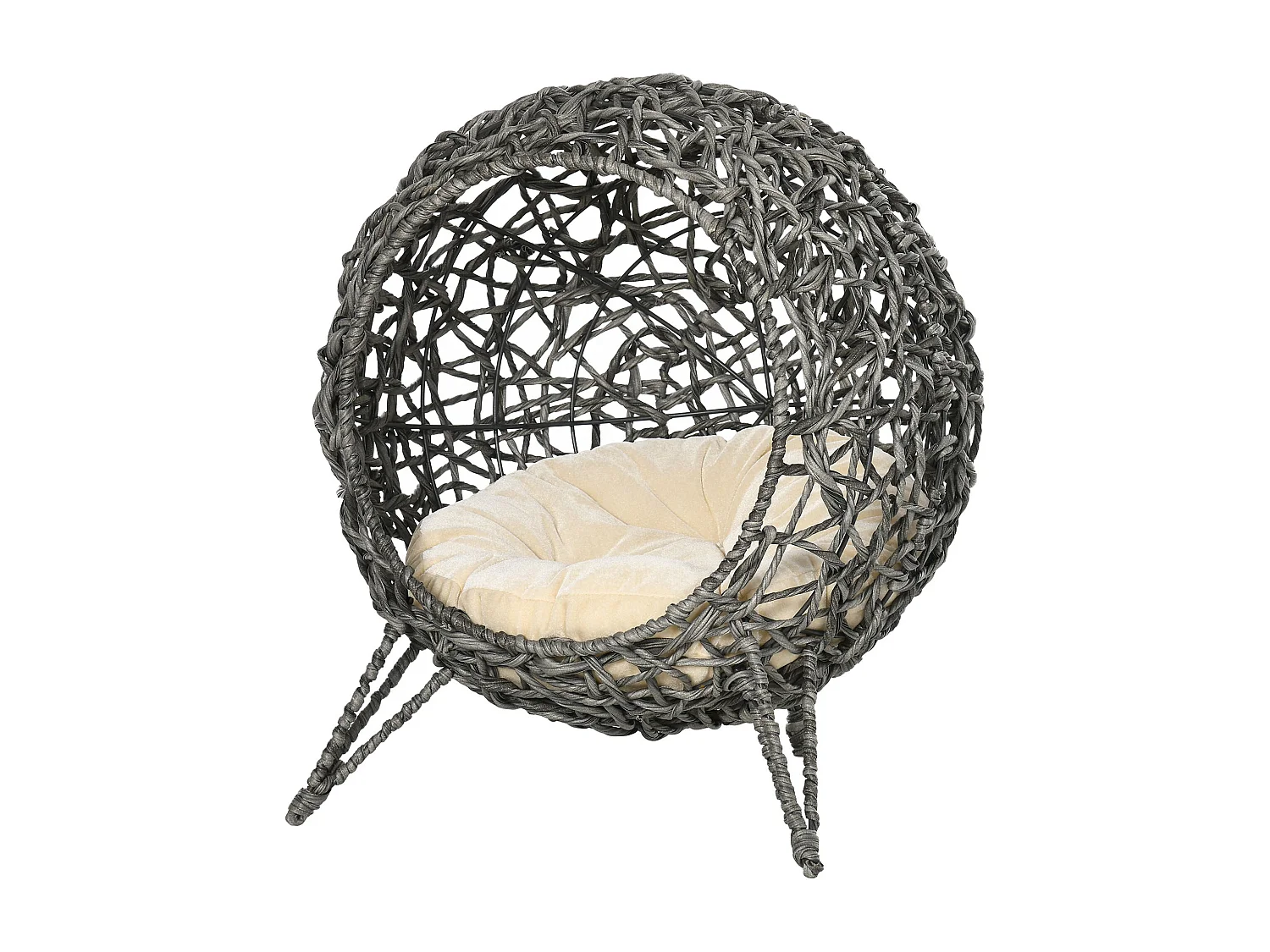 PawHut Panier chat lit chat cosy grand confort dim. Ø 52 x 58H cm coussin moelleux beige inclus résine tressée imitation rotin gris